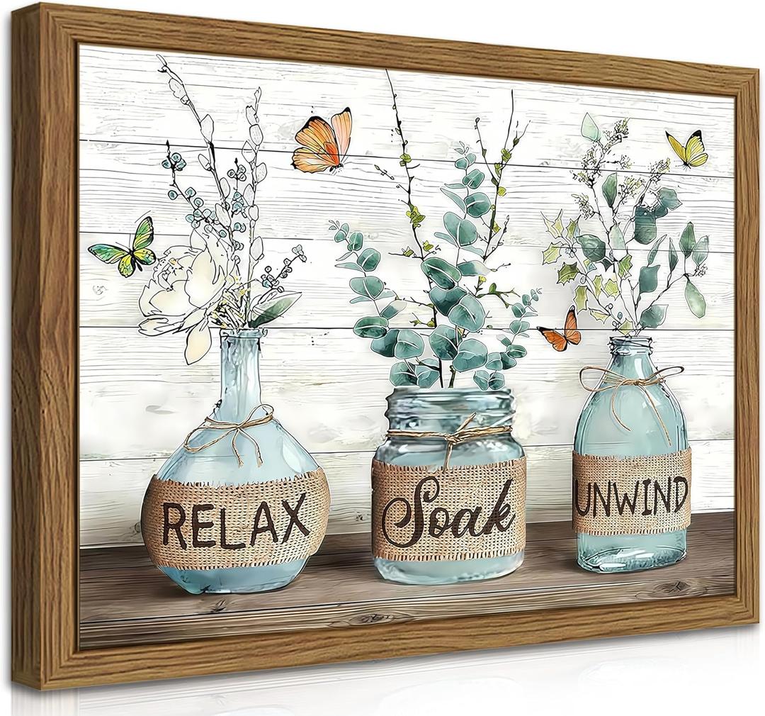 Farmhouse Bathroom Decor Wall Art, Framed Green Botanical Rustic Cotton Pictures Canvas Wall Decor Painting, Country Relax Soak Unwind Sign Artwork Posters Prints for Bathroom 12x16In Dark Wood Frame