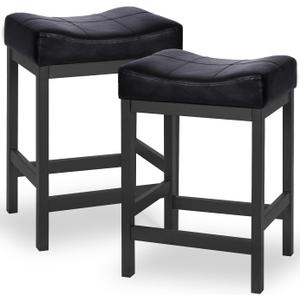 KATDANS Bar Stools Set of 2, Counter Height Stools 24 Inch Saddle Stools, PU Leather Modern Kitchen Barstools with Metal Base, KS861P-Black, 2Pcs