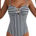 Aleumdr 2026 Trendy Striped One Piece Bathing Suit for Women Tummy Control Swimwear Slimming Bathing Suit Cutout Metal Ring Swimsuit Black Stripe X-Large