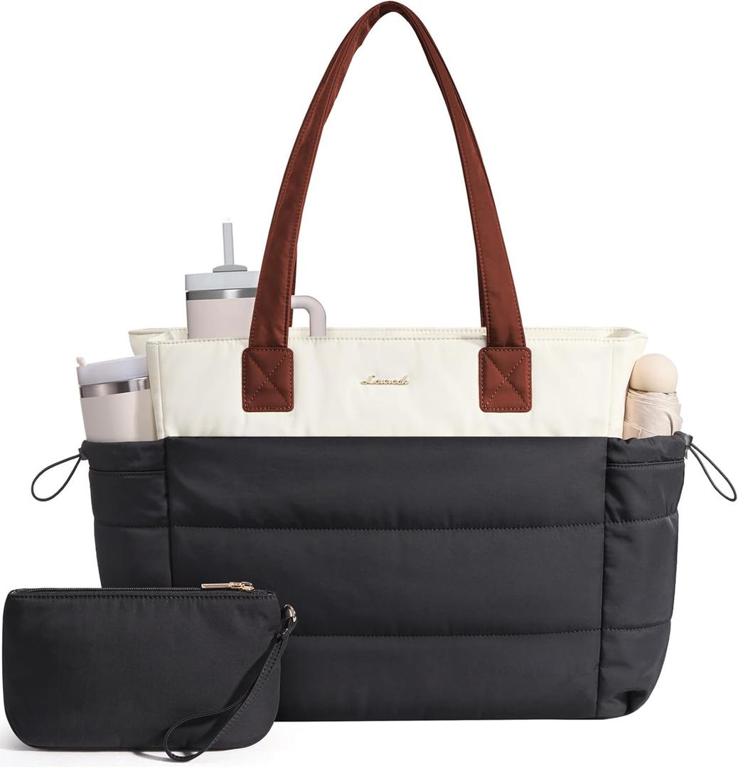 LOVEVOOK Tote Bag for Women with Giant Tumbler Holder Pocket, Puffer Work Travel Laptop Handbag with Zipper for Nurse Teacher (M-15.6 Inch, Beige-black-brown)