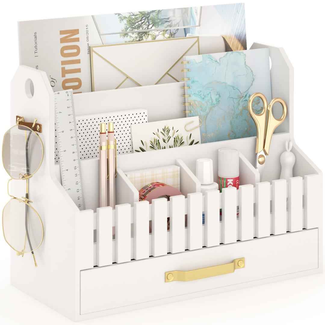 Bamboo Mail Organizer Countertop with Drawers, Wood Desk File Organizer Desktop Paper Organization Storage Bill & Letter Sorter Holder for School Home Office Supplies, No Assembly Required (Black)