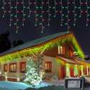 Hopolon 33FT 360L LED Christmas Icicle Lights Outdoor Waterproof,8 Modes Plug in Curtain String Lights with 60 Drops,Christmas Lights for Wedding,Party,Bedroom,Garden,Home,Wall Decorations(Red Green)