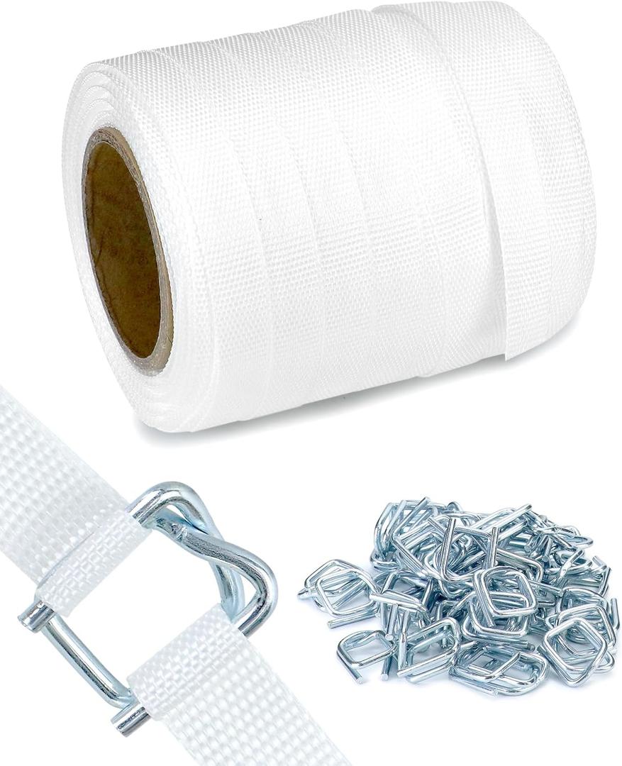QWORK 3/4" x 250' Woven Cord Strapping Roll with 50 Pcs 3/4" Metal Buckles, Heavy Duty Polyethylene Braided Rope Strap Roll, 2400 lb Strong Break Strength 6" x 3" Core, White