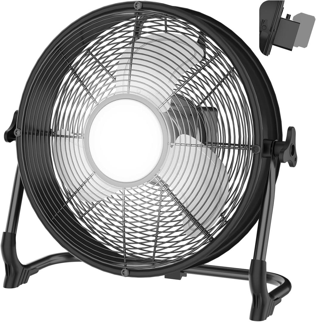 12" Battery Operated Floor Fan with Light Compatible with Milwaukee M18 18V Battery, Portable Fan with AC Adapter and USB Output, Metal High Velocity, Stepless Speed Cordless Fan for Jobsite Camping