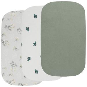 Onacosht Muslin Bassinet Sheets 3 Pack, 100% Cotton Baby Sheet 35" X 20" Compatiable with AMKE 3 in 1 Bassinets, MiClassic, Uiuwoo, Foalom, YADAQE, Milliard and TCBunny Bassinet, Green Floral Cactus