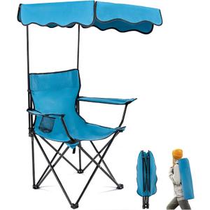 Folding Camping Chair with Canopy Shade for Adults, Portable Beach Chairs with Umbrella Support 330 lbs, Lawn Chair with Cup Holder for Outdoor Fishing Picnic Garden Sports Patio, Cyan Blue, L28.7xW22.4xH50