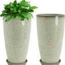 Neoaider Set of 2 Lightweight Ceramic-Look Tall Planter, 21 inch Large Plastic Planter with Drain Hole & Saucers, Large Outdoor Planters for Porch, Garden, Patio, Balcony(Drip Glaze)