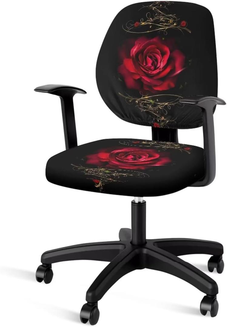 Talayituse Red Rose Print Office Chair Cover Stretchable Computer Chair Seat Cover Backrest Slipcovers, Stretchable Rotating Desk Chair Seat Cushion Protectors