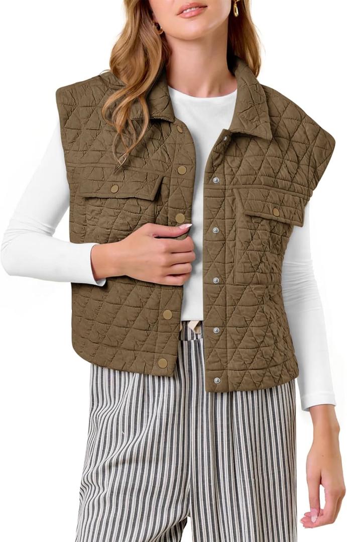 Womens Puffer Vest Quilted Collared Sleeveless Jacket Button Down Outerwear with Pockets (Medium, Khaki)