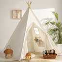 Sumbababy Teepee Tent for Kids Indoor - Natural Canvas Kids Play Tent - Washable Tipi Sleepover Tents with Lights & Carry Bag, Outdoor Toddler Tents for Girls & Boys - Foldable Playroom Gift Toys