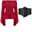 Womens Renaissance Blouse Tops Corset Waist Belt Medieval Victorian Off Shoulder Long Sleeve Shirt Pirate Cosplay Costumes, S