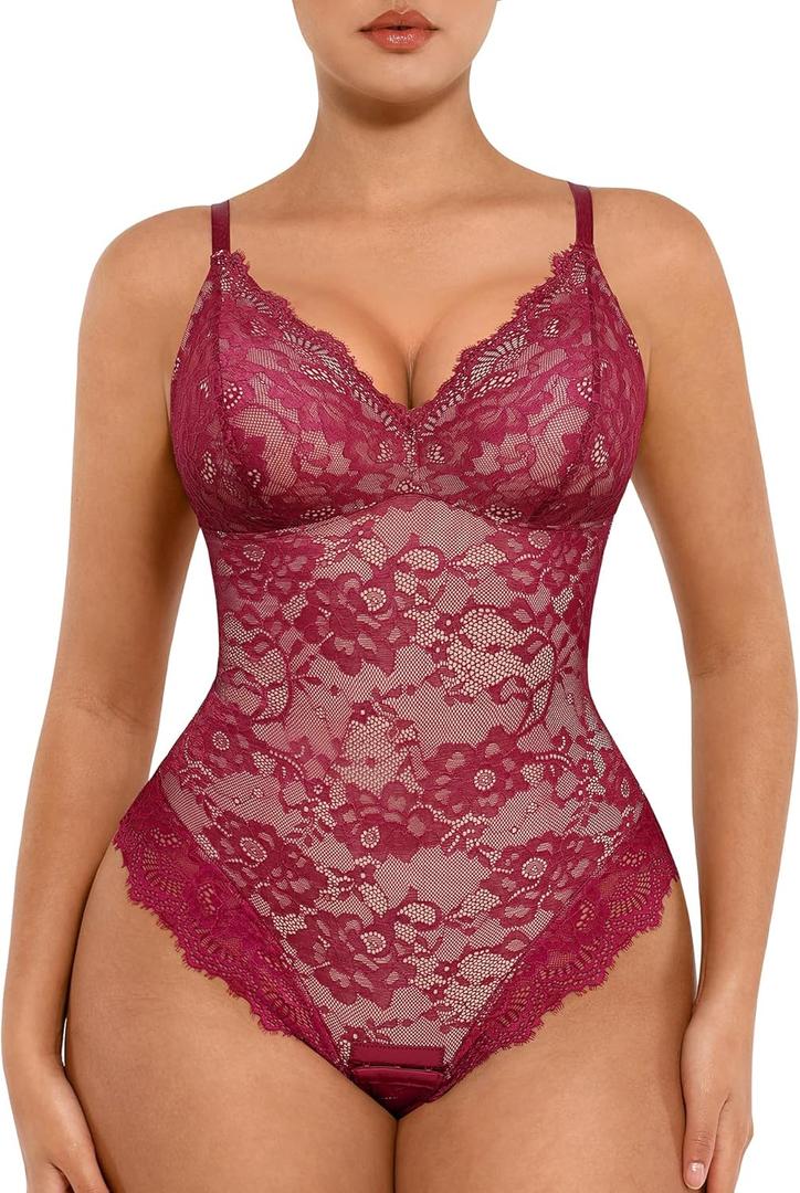 FeelinGirl Shapewear Bodysuits for Women Lace Shapewear Tummy Control V-Neck Sleeveless Bodysuit Tops Jumpsuit (3X-Large, Dark Red)