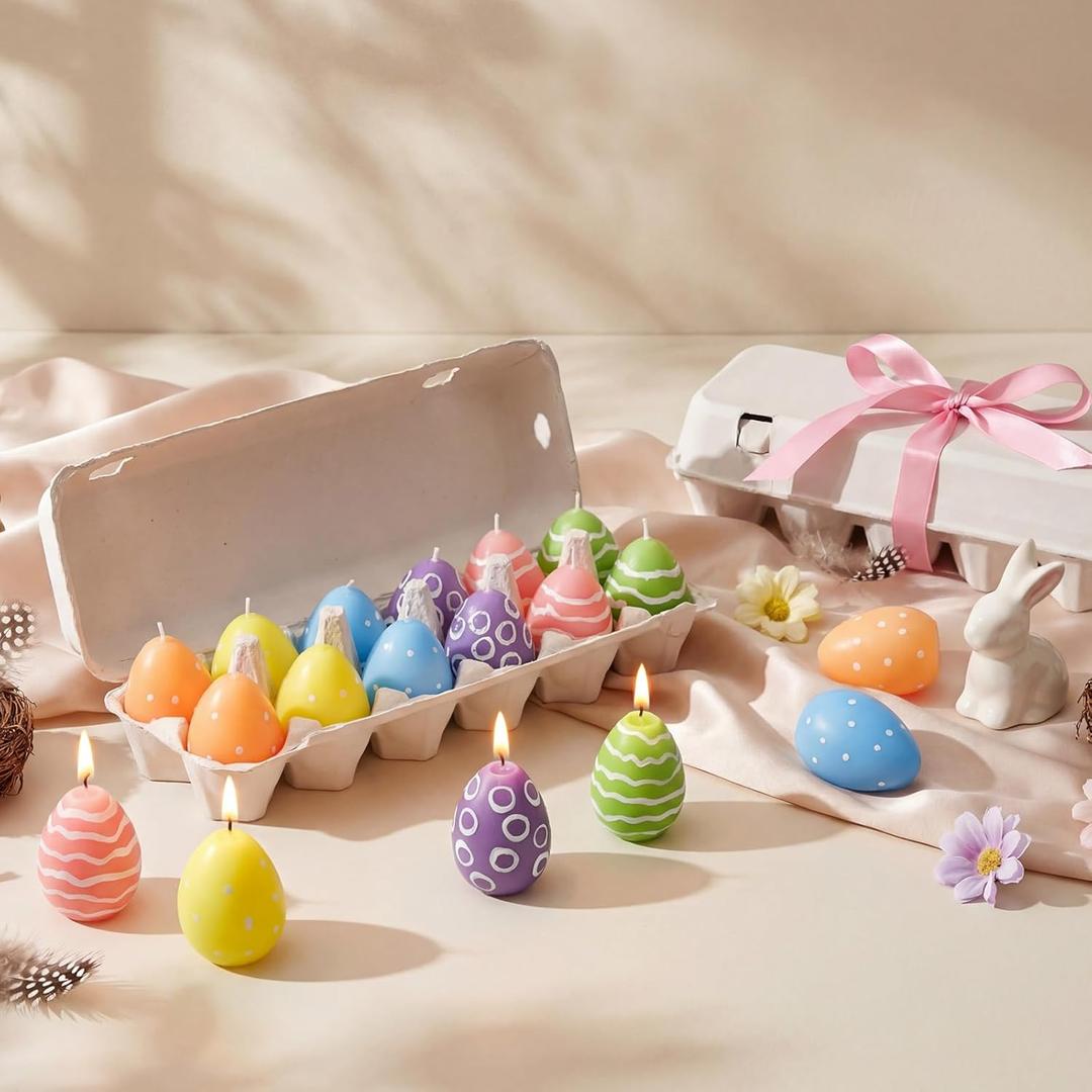 Conelist 12 Pcs Easter Egg Candles with Egg Cartons, Faux Chicken Eggs Candle for DIY Spring Displays Easter Party Decorations Home Supplies Housewarming Gifts