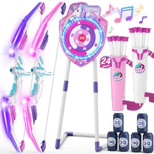 2 Pack Bow and Arrow for Kids, LED Light Up Unicorn Archery Set with 24 Suction Cup Arrows, 1 Standing Glow Target, 6 Score Targets & 2 Quivers, Indoor Outdoor Sport Toys for Girls Ages 4-12