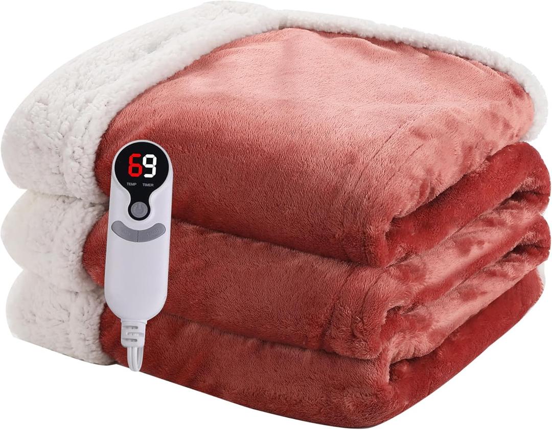 Heated Blanket Electric Blanket Full Size 72''x84'' with 9 Heating Levels, 1-10 Hour Auto Shut Off, Machine Washable, Flannel & Sherpa Soft Warming Blanket for Couch, Bed, Office - Brick Red