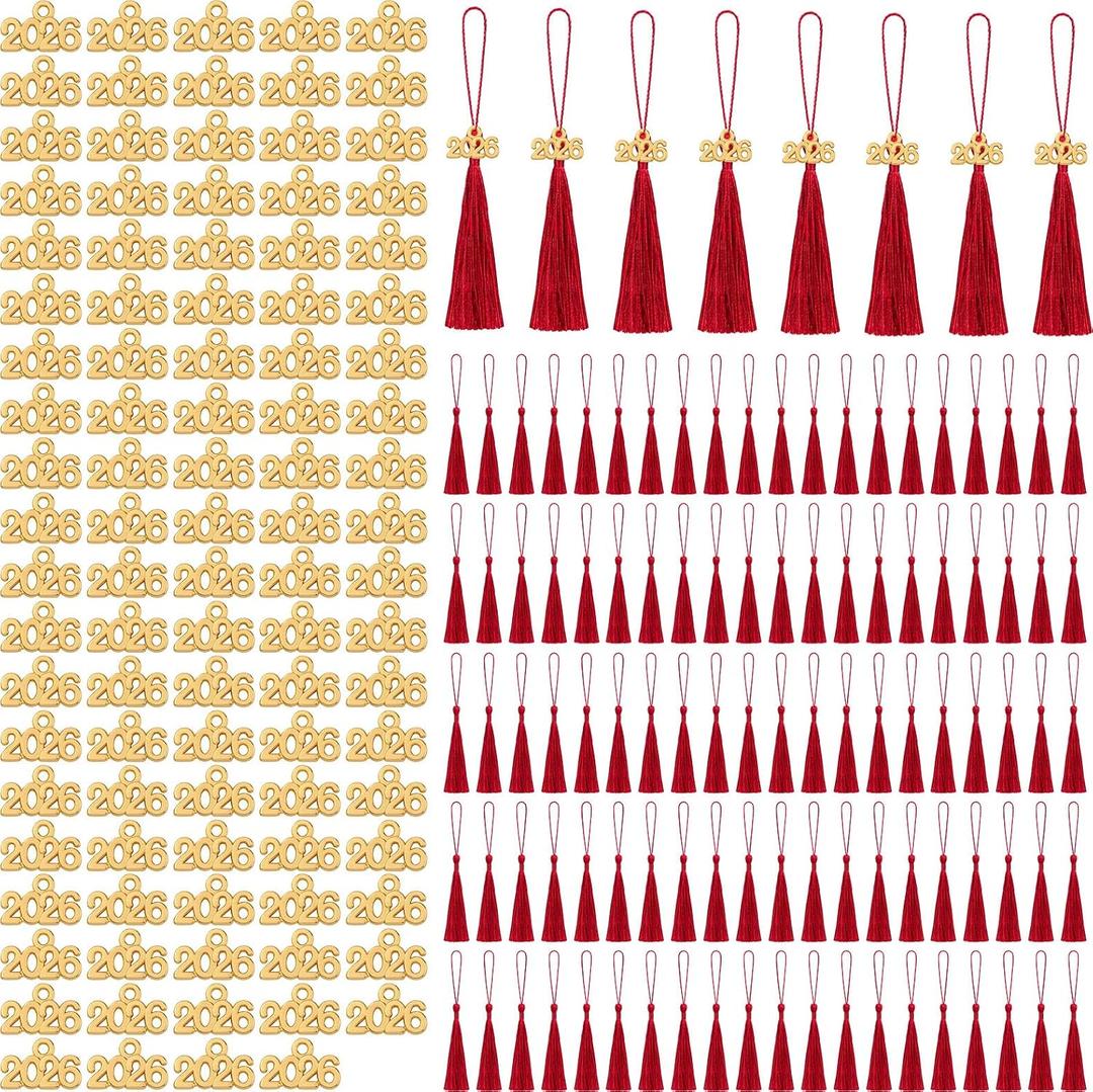 Cindeer 100 Pcs Mini Graduation Tassels with 100 Pcs 2026 Tassel Charms for Crafts Mini Silky Bookmark for Graduation Cap Keychain Ornaments DIY Craft Jewelry Making Project(Red)