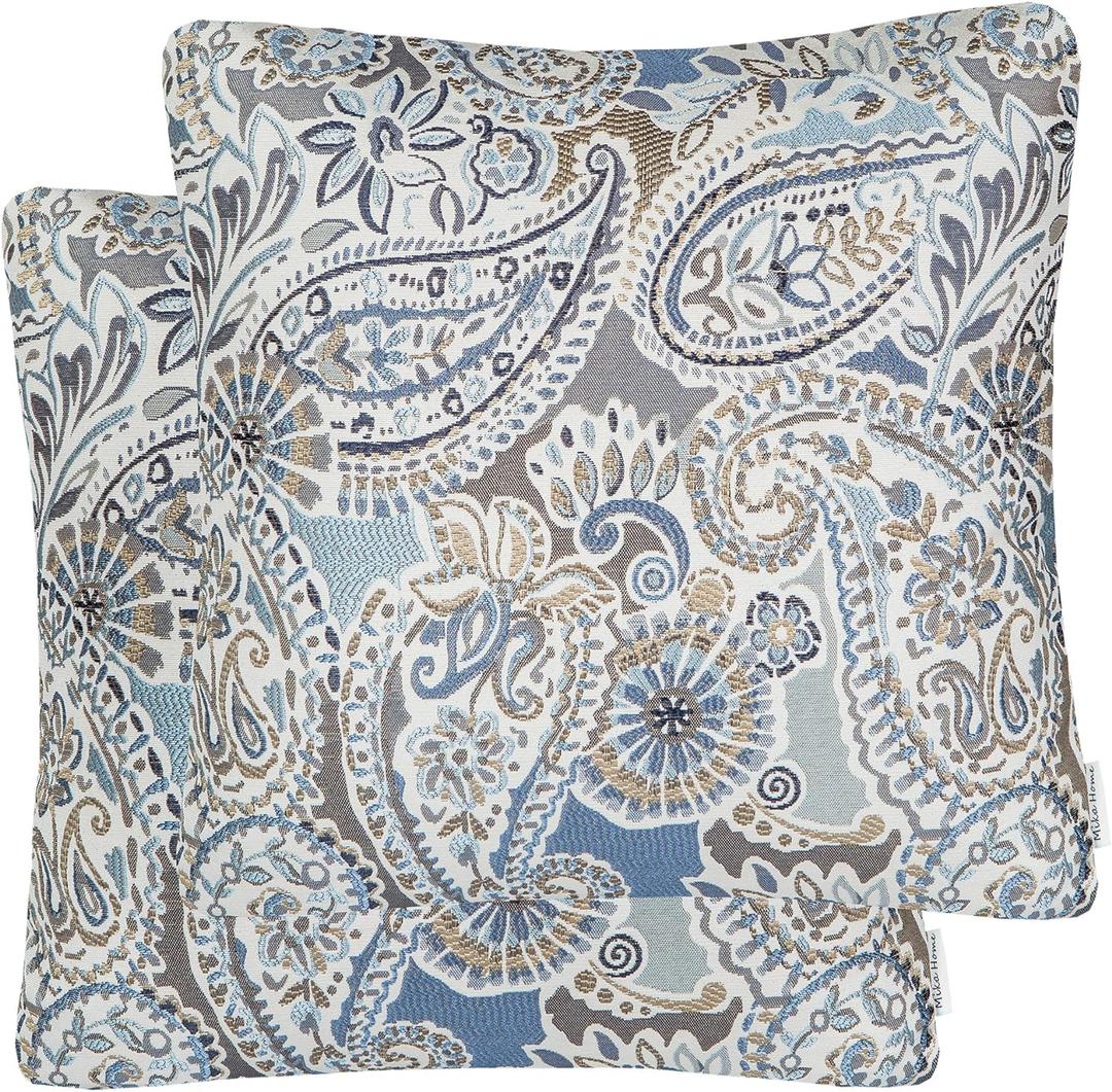 Mika Home Pack of 2 Decorative Accent Throw Pillow Cover Sham Cushion Case,Paisley Pattern,20x20 Inches,Blue Brown Cream Multicolor