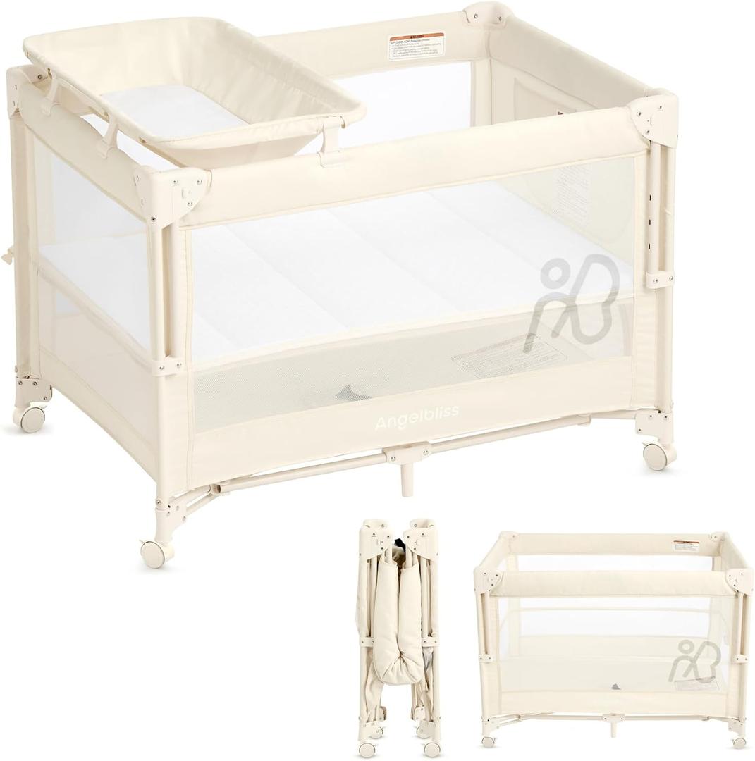 ANGELBLISS Baby Bassinet Bedside Crib, Pack and Play with Mattress, Diaper Changer, One-Push Setup Playards from Infants to Toddlers (Beige)