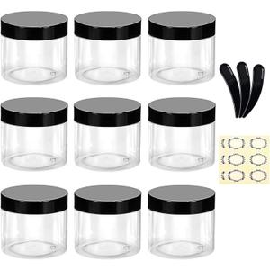9Pcs 50g/50ml Empty Plastic Jars with 3 Mini Spatulas & 12 Labels Round Clear Cosmetic Sample Container with Inner Liners & Black Lids Travel Storage for Lotion Cream Ointments Makeup