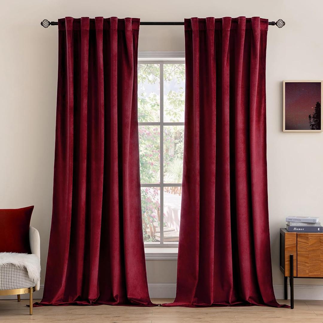 MIULEE Velvet Curtains 108 inches Long 2 Panels - Luxury Blackout Curtains for Bedroom Living Room Thermal Insulated Super Soft Christmas Decor Window Drapes Rod Pocket & Back Tab, Burgundy Red