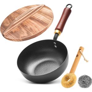 WANGYUANJI 8 Inch Hammered Iron Stir Fry Pan for 12 Servings, Removable Beechwood Handle, Traditional Small Wok for Searing, Sauting, Stir-Frying  Non-Coated, Stovetop Compatible