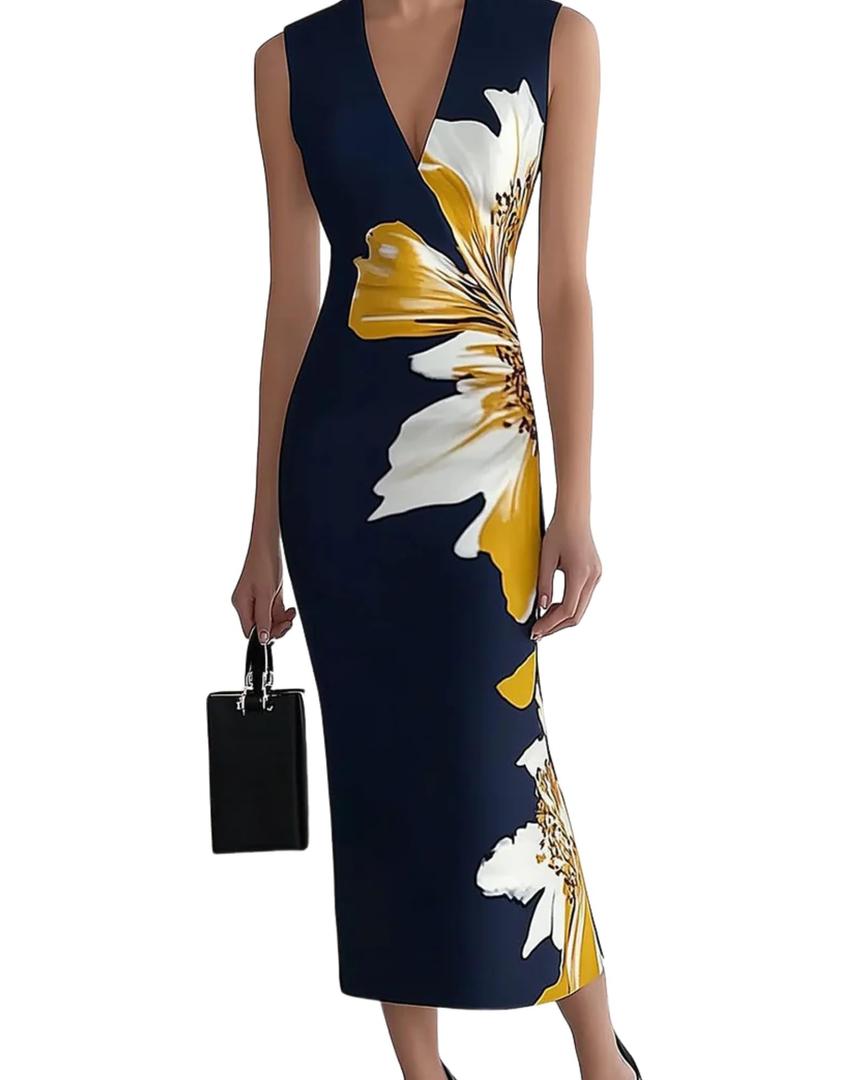 HVT Women's Dress Wedding Guest Party Dresses Floral Print Halter Neck Maxi Dress Sleeveless Bodycon Long Dresses (L)