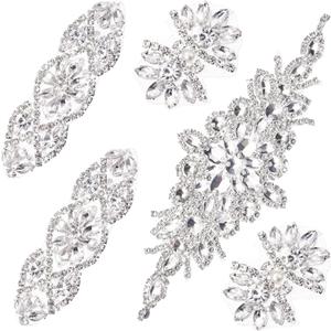 Juinte 5 Pcs 3 Size Crystal Rhinestone Applique Lengths 1.77 3.94 9.84 Inches Silver Appliques Wedding on Rhinestone Sash Hair Applique for Clothes Bridal Wedding Dress Shoes(Silver)