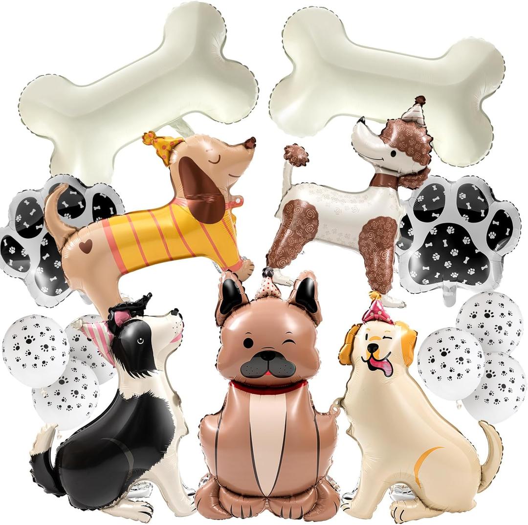 Gemscream 15 Pcs Dog Foil Balloons Set Puppy Balloons Dog Party Decorations Standing Cute Animal Themed Birthday Supplies Bone Paw Print for Baby Shower Pets Theme Party
