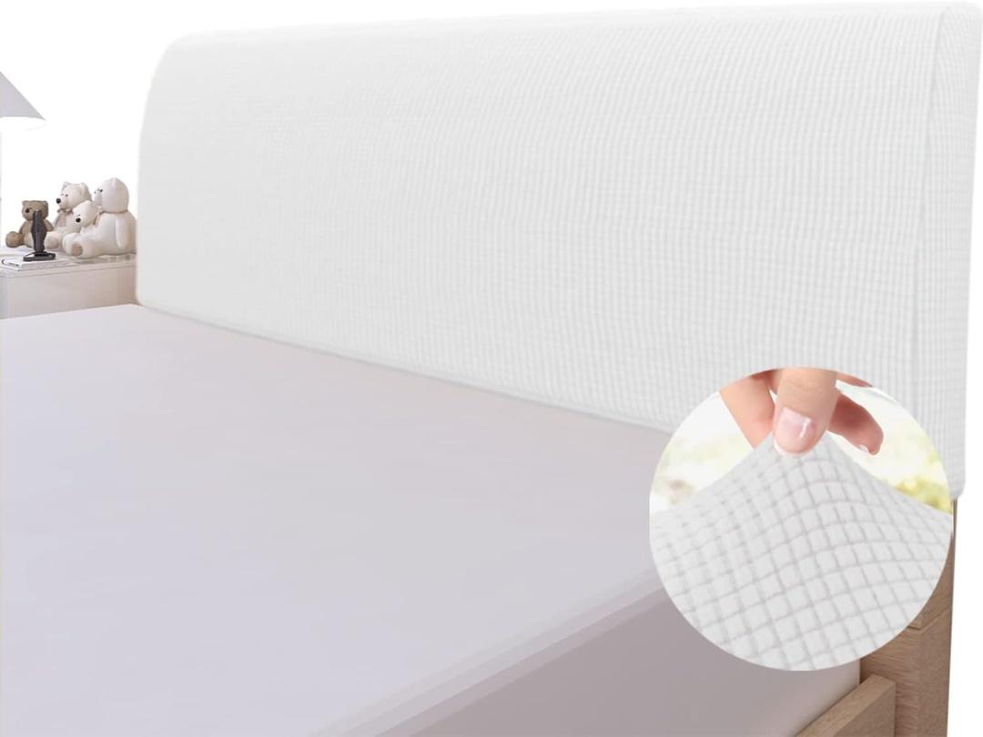Easy-Going Stretch Bed Headboard Slipcover, Small Square Jacquard Furniture Cover, Dustproof Protector Cover for Bedroom Decor (Queen, White)