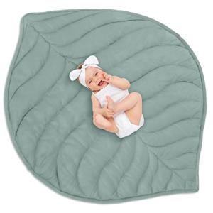 Funtery Baby Play Mat 56 x 42 Inch Cotton Crawling Cushion Cotton Nursery Rug Large Thick Soft Reversible Washable Folding Floor Playpen Mat Nursery Decor Rug for Girls Boys(Green, Leaf)