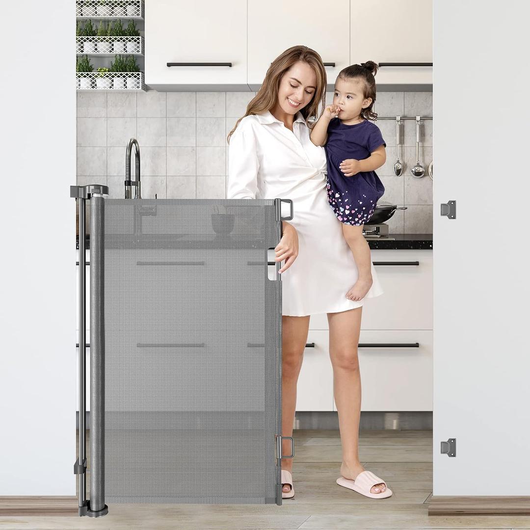 42-Inch Extra Tall Retractable Baby Gates for Doorways 56" Wide Baby Gate Retractable Dog Gate Indoor Outdoor Mesh Pet Gate Adjustable Tall Pet Gate for Stairs Dog Gates for The House, Grey (Gray)