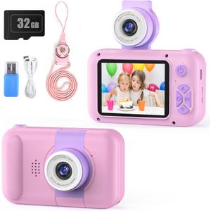 Kids Camera with 180 Flip-up Lens for Selfie & Video, HD Digital Video Cameras for Toddler with 32GB SD Card, Ideal for 3-8 Years Old Girls Boys on Birthday Christmas Party as Gift