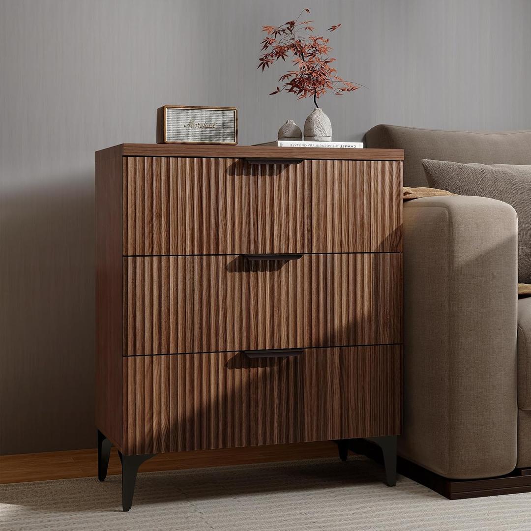 Wood Night Stand Fluted Dresser for Bedroom 3 Drawers End Tables Nightstand, Storage Modern Side Table Natural Walnut Bedside Table