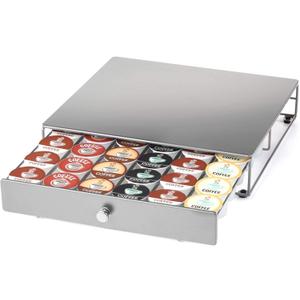 Nifty Coffee Pod Drawer - Silver Finish, Compatible with K-Cups, 36 Pod Pack Holder, Non-Rolling, Compact Under Coffee Pot Storage Sliding Drawer, Slim Home Kitchen Counter Organizer