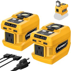 2 Pack 220W Power Inverter Compatible with Dewalt 18V/20V Battery Inverter DC 18V to AC 110V Portable Power Station Generator with 2 USB Ports & 1 Type-C & 1 AC Outlet, 400 Lumen Light (Yellow)