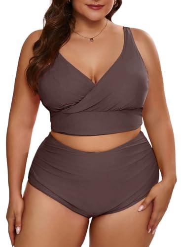 Eytino Womens Plus Size Bikini Sets V Neck Push Up Bikini Tops High Waisted Swim Bottom Solid 2 Piece Bathing Suits,3X Coffee