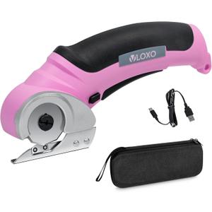 VLOXO Cordless Electric Scissors, Cardboard Cutter with Safety Lock 4.2V Electric Mini Cutter Power Rotary Scissors for Leather Felt Rug Box with Storage Box Pink