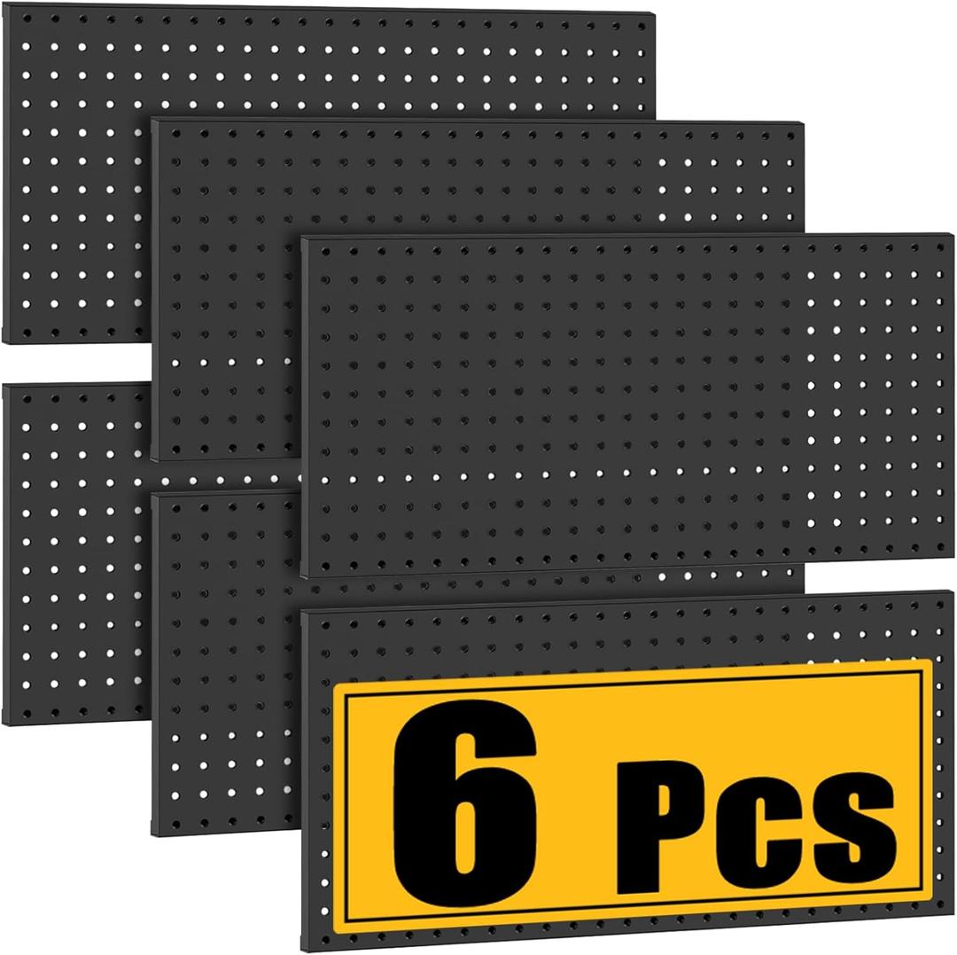 6 Pcs Metal Pegboard Panels, Heavy Duty Peg Boards for Garage and Garden Tool Storage, Includes Drywall Anchors and Screws Kits, Black (72 in x 24 in)
