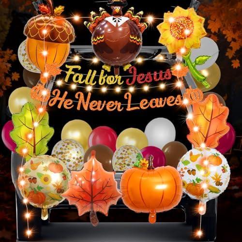 Fall Halloween Trunk or Treat Car Decorations Kits with Christian Fall for Jesus He Never Leaves Banner Fall Balloons Autumn Foil Balloons for Religious Car Trunk Decorations Jesus Party Decor