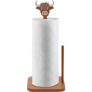 Leinuosen Brown Paper Towel Holder Cute Highland Cow Wooden Paper Towel Holder Brown Bathroom Countertop Accessories Kitchen Stand Organizer Standing Apartment Decor Housewarming Gift