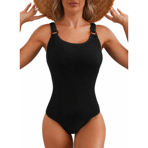 Herseas Women One Piece Swimsuit Solid Ribbed Monokini 2026 Vacation Swimwear Scoop Neck Low Back Modest Bathing Suit Black Medium (Black, M)