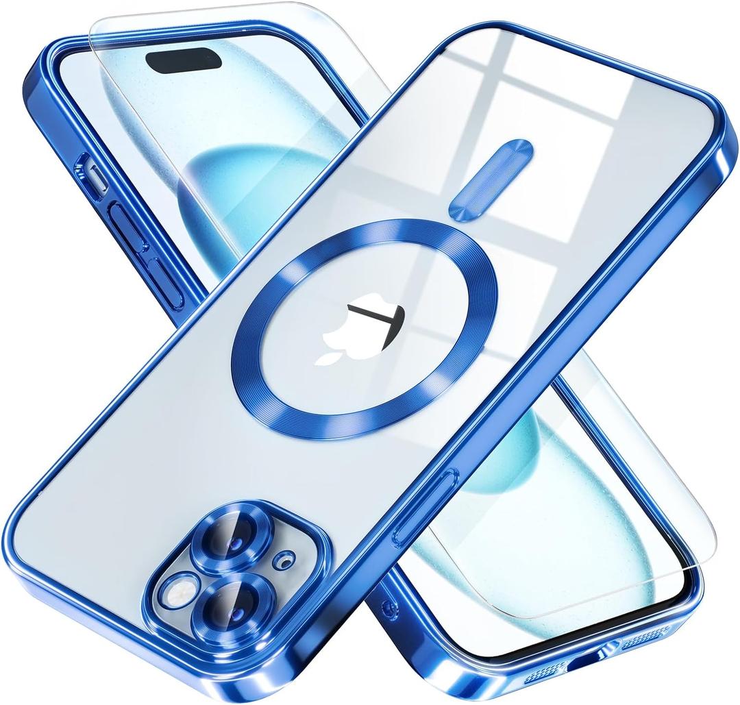 Misea Magnetic for iPhone 15 Plus Case Compatible with MagSafe [Never Yellowing] [Military Grade Drop Protection] Full Camera Lens Protector Plating Soft Clear Phone Case for Women, Deep Blue
