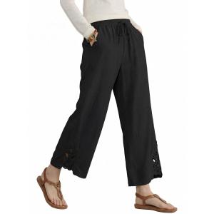 Women Casual Lightweight Drawstring Elastic Waist Pants with Pocket Linen Capri Pants Summer Beachwear 2XL