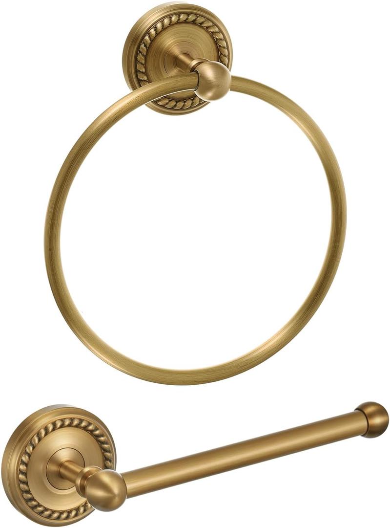 2 Pcs Antique Brass Toilet Paper Holder, Brass Towel Ring, Bathroom Wall Mount Vintage Gold Tissue Roll Holder & Hand Towel Ring, Exquisite Pattern Carving Bathroom Accessories(Round)