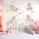 Unicorn Wall Decals with Moon, Stars & Clouds - Dreamy Nursery Stickers for Girls Bedroom, Baby Room, Birthday Party Decor - Colorful Fantasy Wall Art for Kids Ages 1-12, 35.4x11.8 Inch
