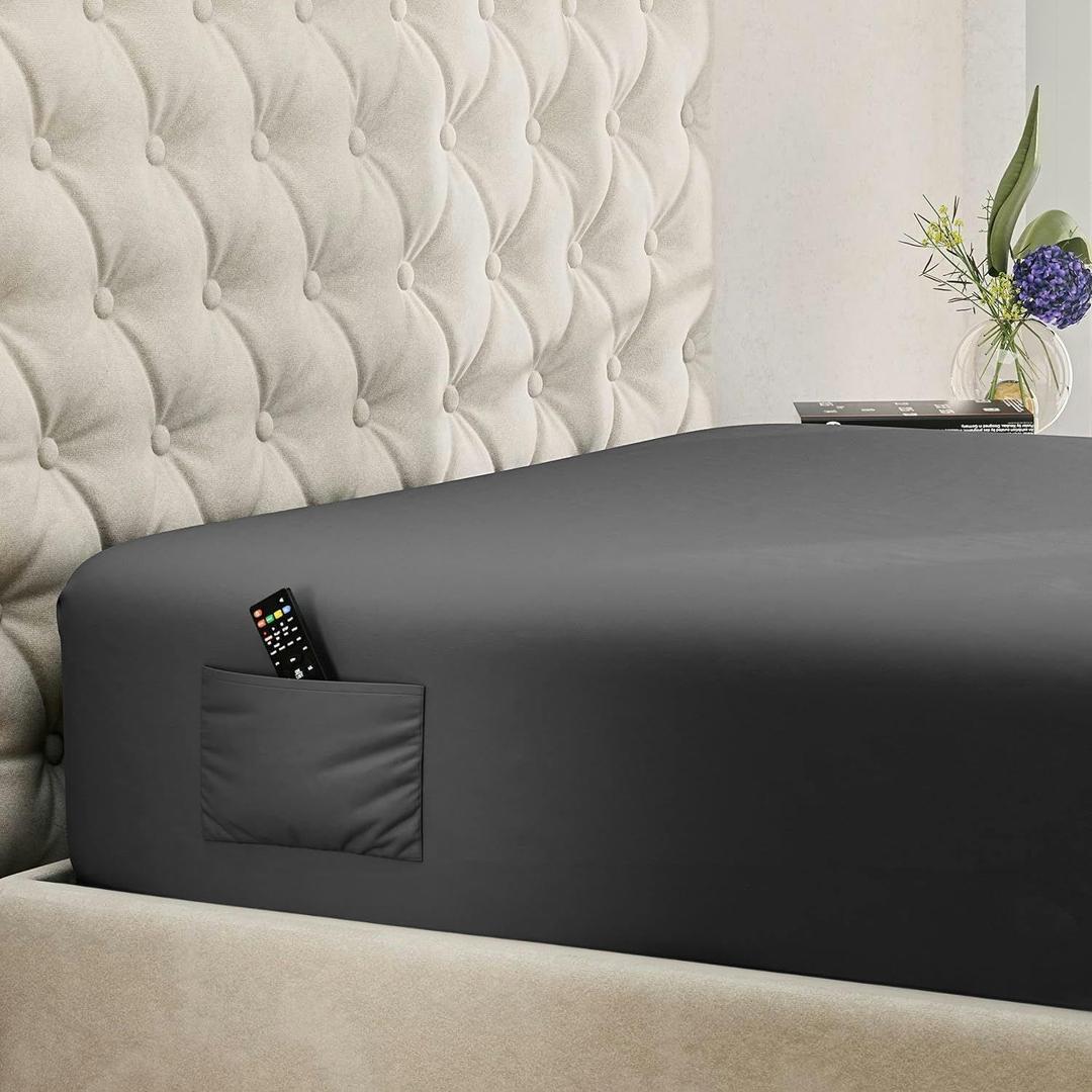 DREAMCARE Twin Fitted Sheet - Deep Pocket Sheets for up to 15" Mattress - Hotel Luxury, Oeko-Tex Certified, Soft & Durable (Dark Grey, Twin) (05 - Dark Gray)