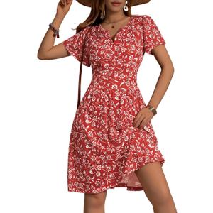 FENSACE Summer Short Sleeve V Neck Dress A Line Elegant Floral Midi Sundresses with Pockets, Size: Small