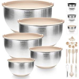 Deedro Premium Mixing Bowls with Airtight Lids Set, 22Pcs Thicker Stainless Steel Mixing Bowl Set, Large Prep Metal Bowls, Non-Slip Silicone Base Nesting Bowls for Kitchen, 1.5/2/3/4/5 QT, Khaki