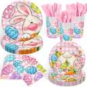 168PCS Easter Party Supplies Easter Egg Party Decorations with Pink Plaid Bunny Paper Plates and Napkins Cups for Spring Themed Easter Birthday Party Serves 24