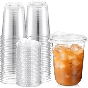 Ziliny 50 Sets 16 oz Clear Plastic Cups with Strawless Sip Lids, Thickened Clear Disposable Plastic PET Crystal Cups for Iced Coffee, Smoothie, Cold Beverage, Drink Shops and Party Catering